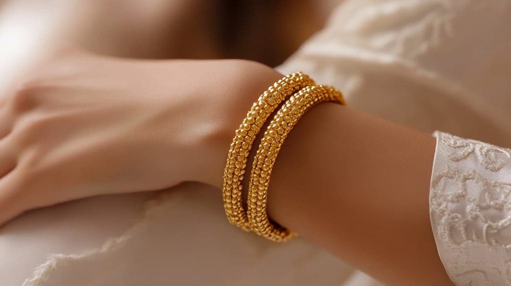 Elegant gold bangles adorning a woman's wrist, captured in soft light against a fabric backdrop.