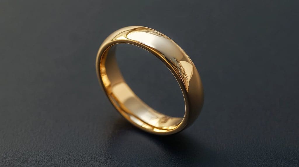 A traditional gold wedding band with a smooth, polished finish, representing timeless simplicity and enduring love.