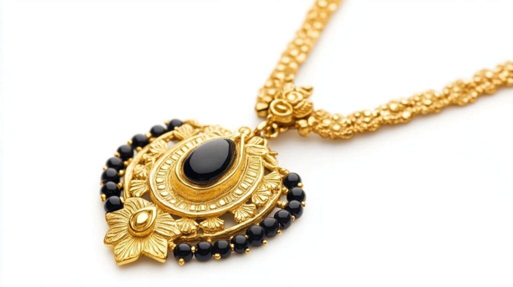 Traditional Indian gold mangalsutra necklace featuring a teardrop-shaped black stone centerpiece and intricate floral designs, symbolizing marriage.