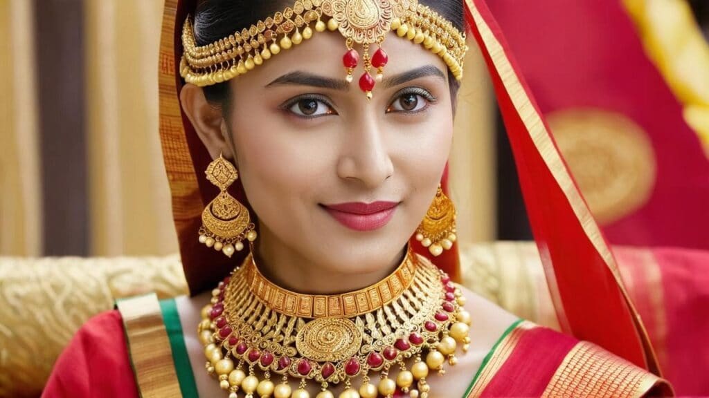 Bride wearing traditional Indian gold jewelry set including maang tikka, necklace, and jhumka earrings, styled for cultural wedding celebration