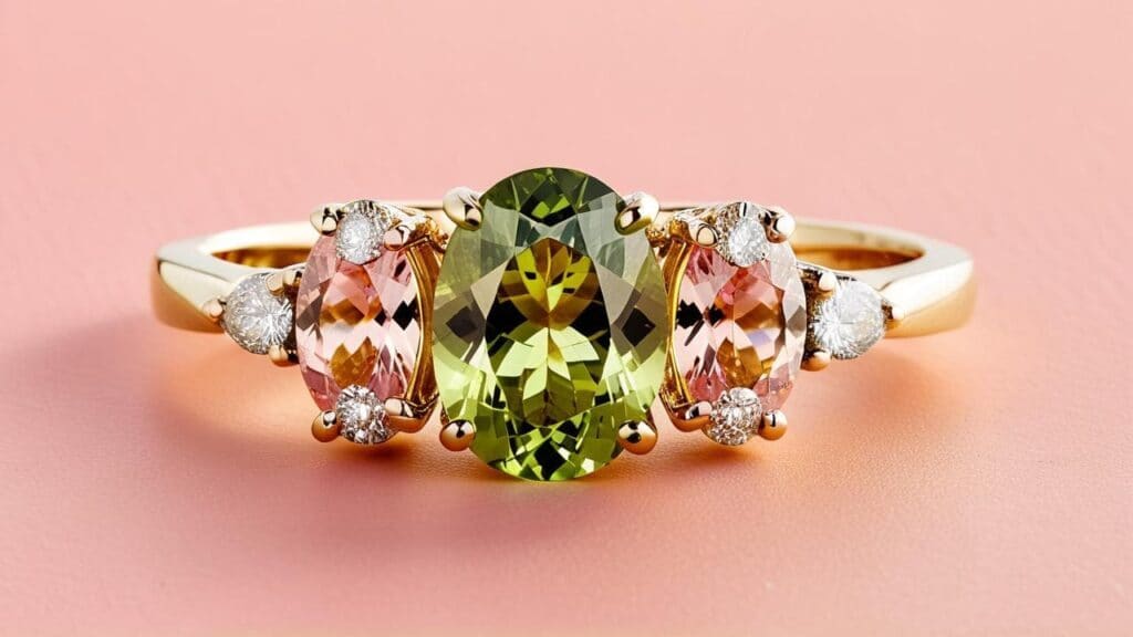 Tricolor diaspore ring with green and raspberry pink stones set in yellow gold and accented with diamonds