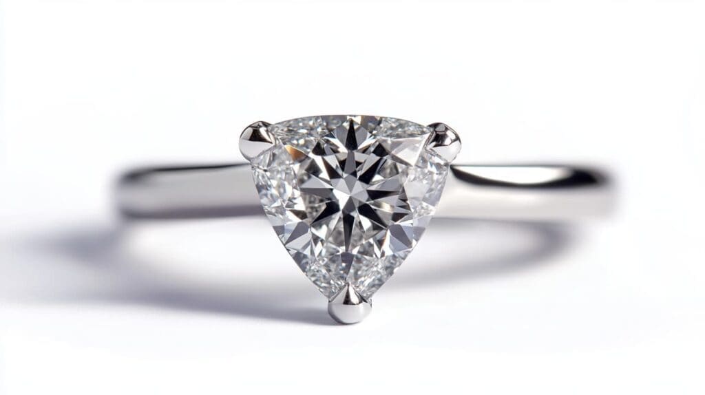 A sparkling trillion-cut diamond engagement ring set in a white gold or platinum band against a white background.