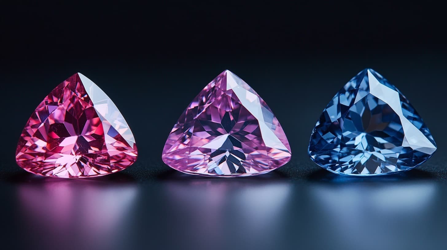 Three trillion-cut gemstones in pink, pale pink and blue on a dark surface