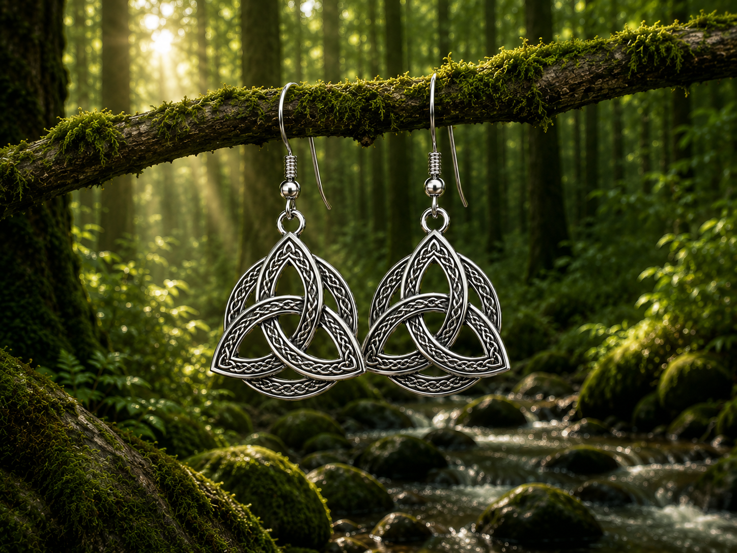 Sterling silver Trinity knot triquetra earrings hanging from a mossy tree branch in a forest