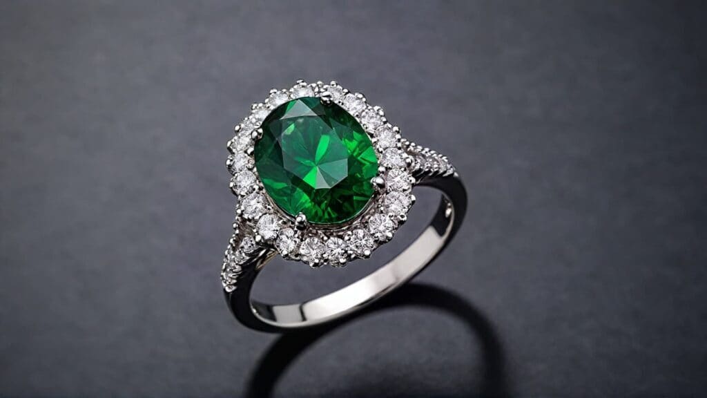 Elegant tsavorite garnet and diamond halo engagement ring set in white gold, displayed against a dark background.