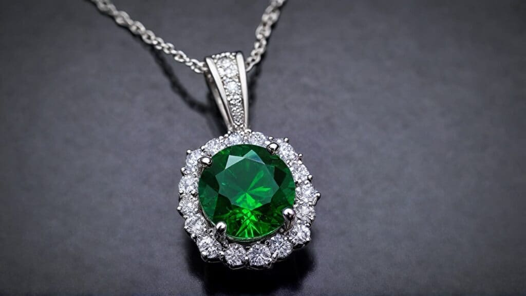Close-up of a tsavorite garnet pendant necklace with a diamond halo set in white gold, displayed on a dark background.