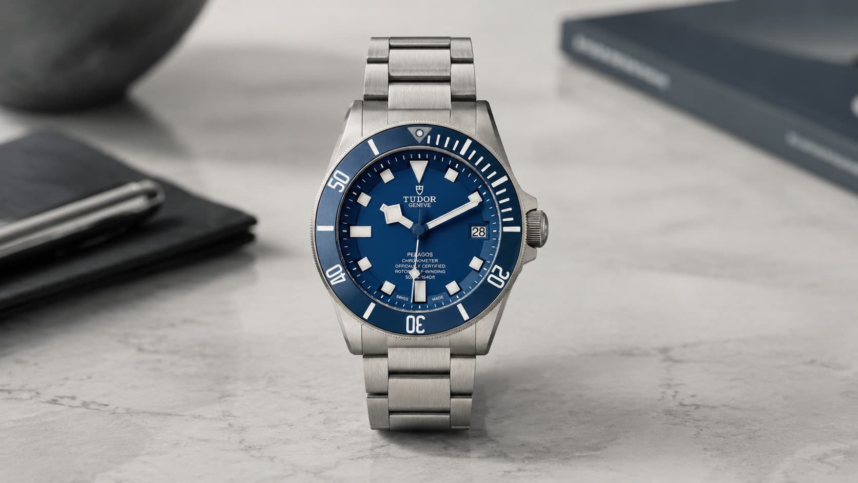 Tudor Pelagos 42mm titanium dive watch with blue dial and bracelet, reference M25600TB-0001