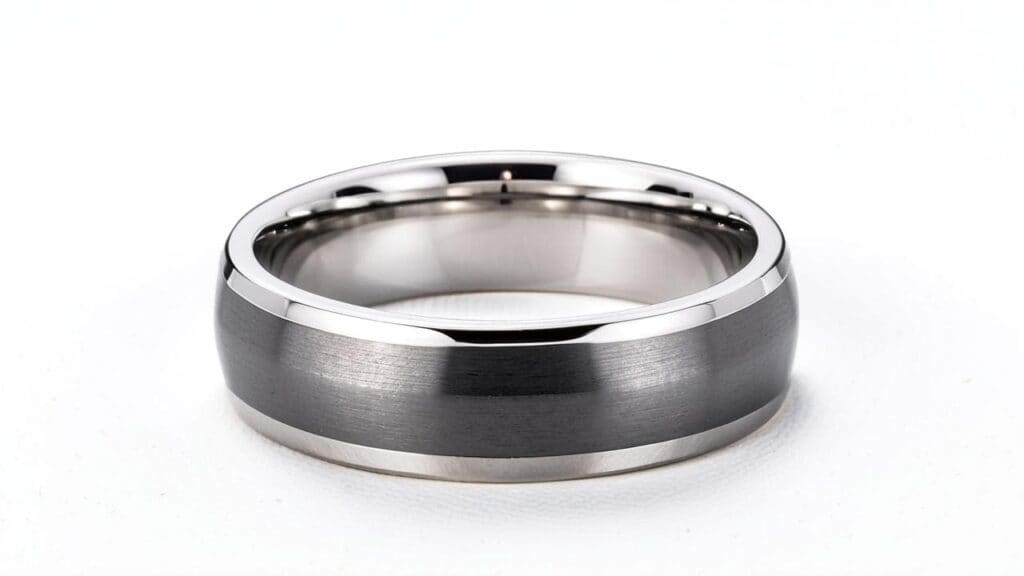 Polished tungsten carbide ring on white background, an ultra-hard metal that cannot be resized