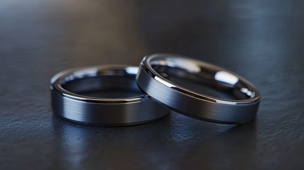 Two matching gunmetal gray tungsten wedding bands with a brushed finish, resting on a dark background.