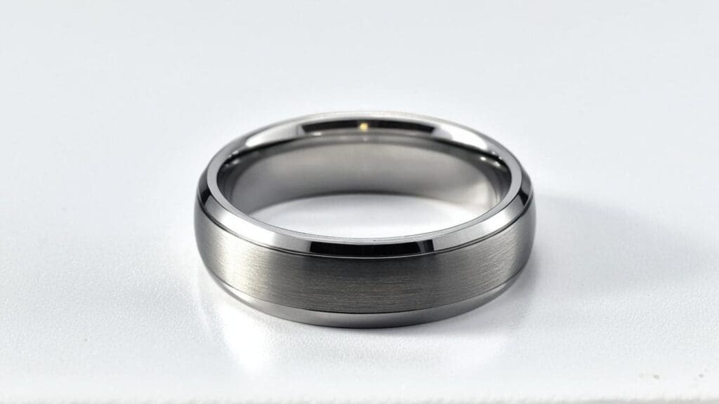 Brushed tungsten wedding band with polished edges on white background, showing durable metal ring that cannot be traditionally resized