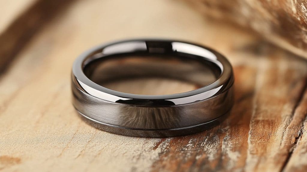 A polished tungsten wedding band resting on a wooden surface, emphasizing its durability and sleek design.