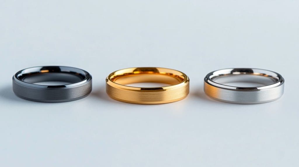 A close-up view of three tungsten wedding bands in gold, silver, and gunmetal gray finishes, showcasing their sleek and modern design.
