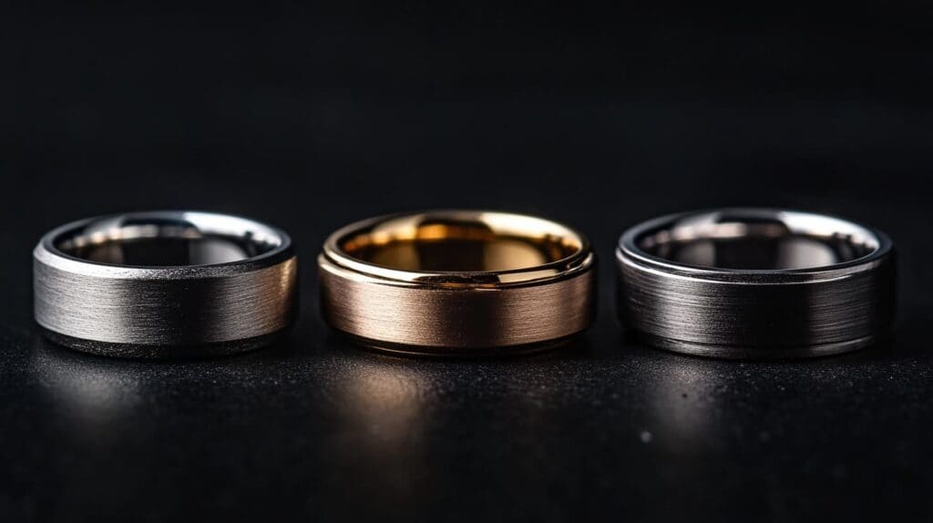 Three tungsten wedding bands in silver, gold, and rose gold finishes, displayed on a black background to highlight their brushed and polished textures.