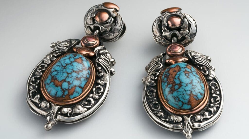 Western-style earrings with turquoise stones and mixed metal accents, featuring detailed silver and copper design.