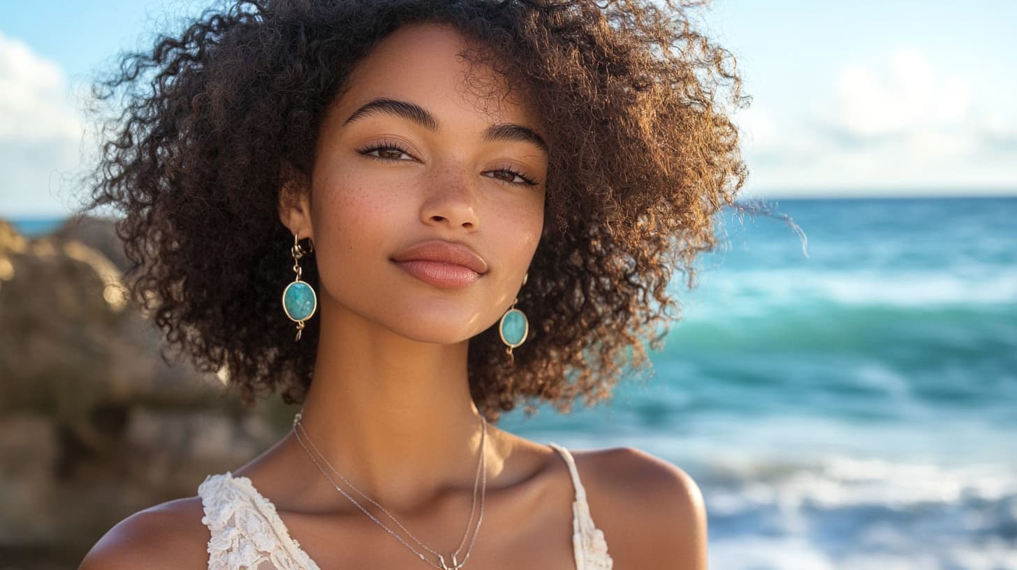 Woman at the seaside wearing turquoise drop earrings and fine silver necklaces