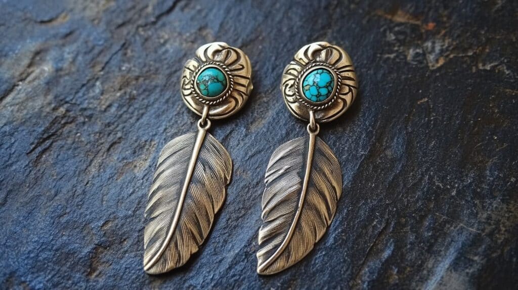 Western feather earrings with turquoise stones and engraved silver accents, inspired by Native American designs.