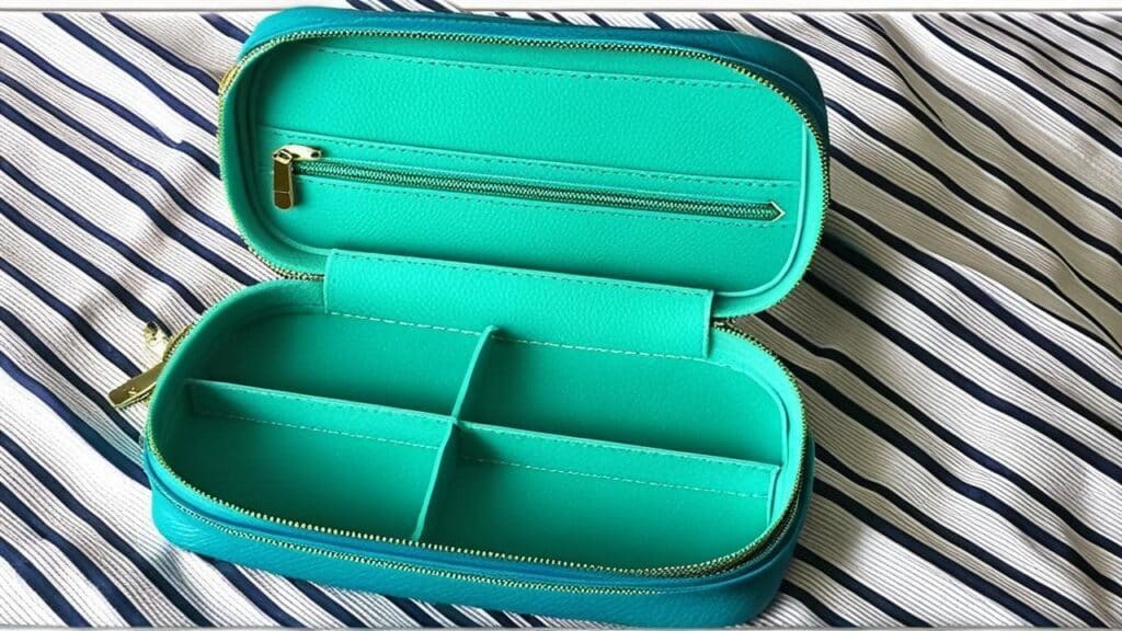 Open turquoise leather jewelry travel case with multiple padded compartments for organizing rings, necklaces and earrings during trips