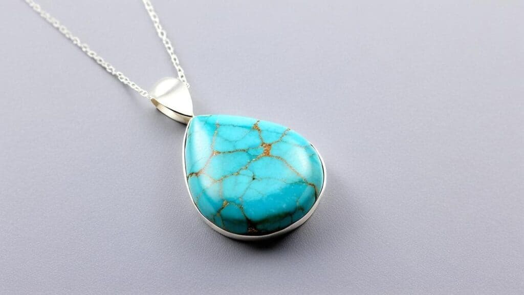 Teardrop turquoise pendant with natural matrix set in sterling silver on a chain necklace