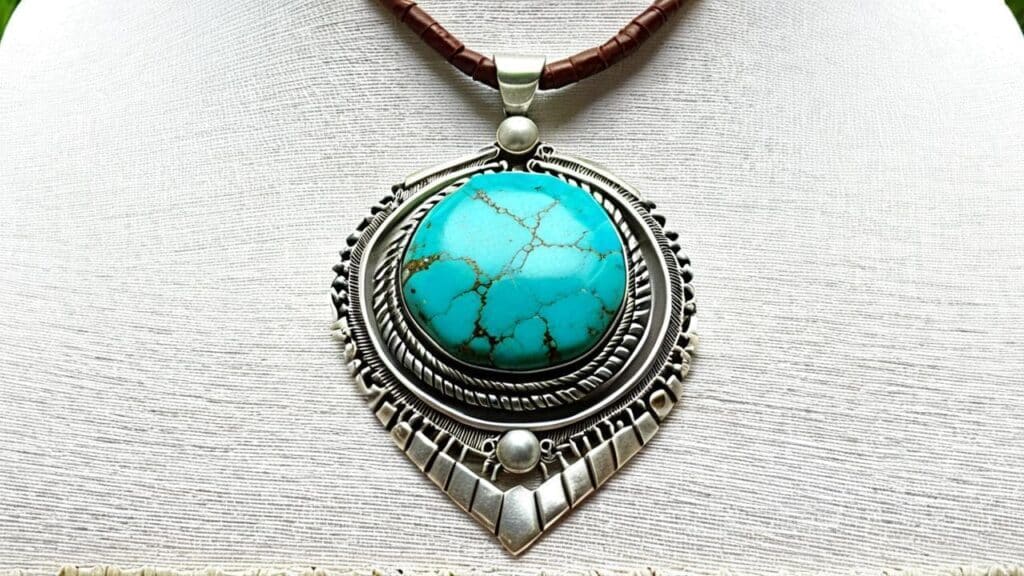 Large turquoise and silver pendant necklace with Native American-inspired design typical of 1970s bohemian jewelry