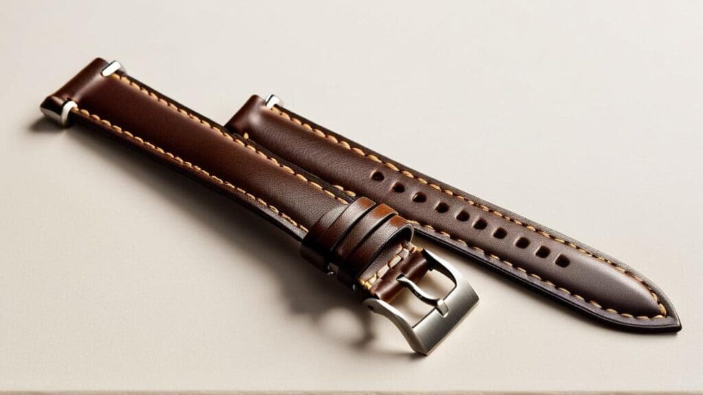 Two brown leather watch straps showing different stages of the breaking in process