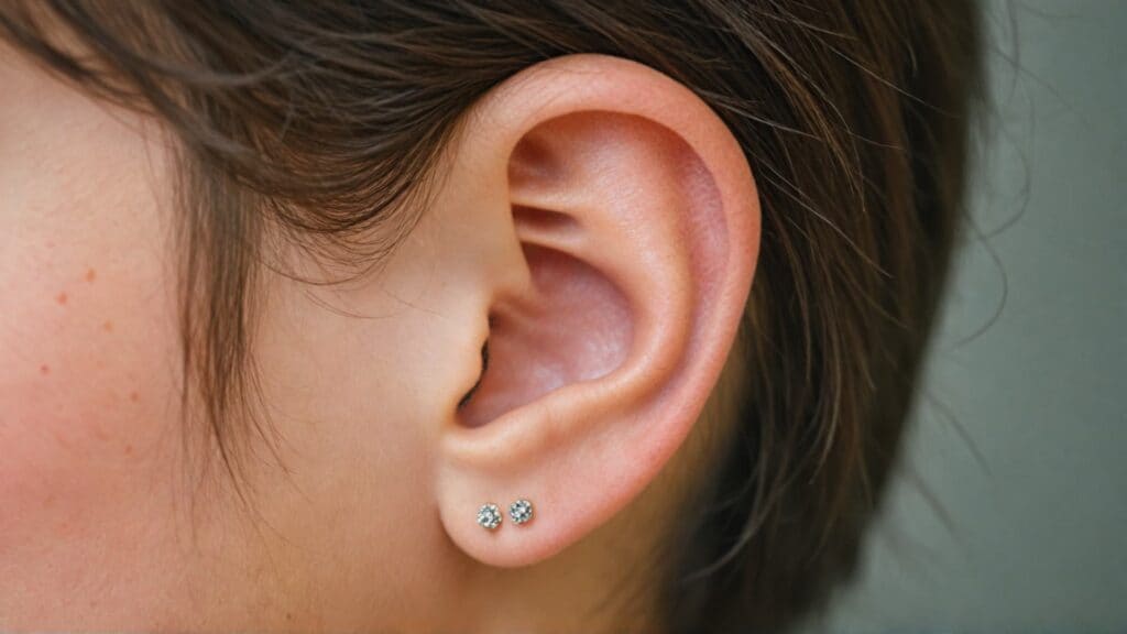 Two small diamond or crystal stud earrings in earlobe showing basic safe piercing jewelry suitable for children and beginners