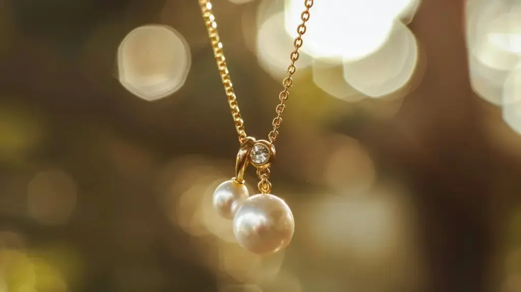 Close-up of a gold chain with two pearl pendants, demonstrating the technique of wearing multiple pendants on one chain.
