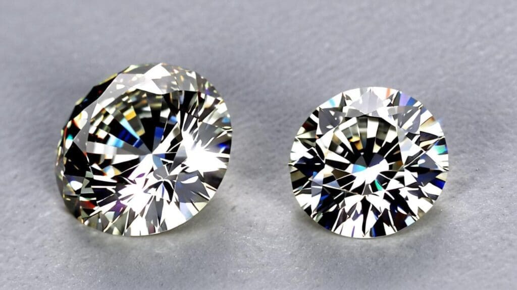 Two round brilliant cut diamonds of different sizes displayed side by side on gray background, showing size comparison for diamond pointer weight measurements