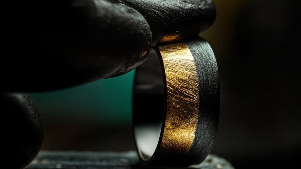 Two-tone ring featuring a combination of black gold and yellow gold, highlighting the contrasting textures and colors.