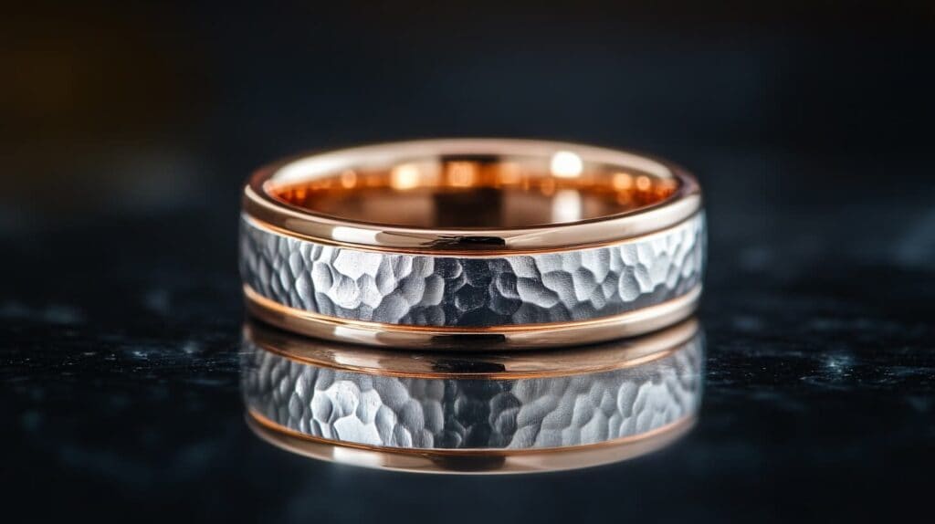 Two-tone men's wedding band featuring a hammered silver-toned center with polished rose gold edges, combining rustic texture with modern elegance.