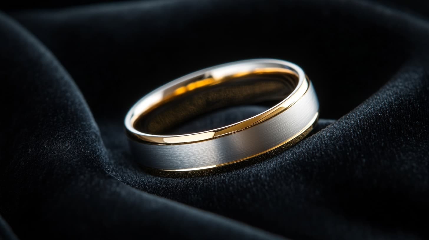 Two-tone band with a brushed white center and polished gold edges on black velvet