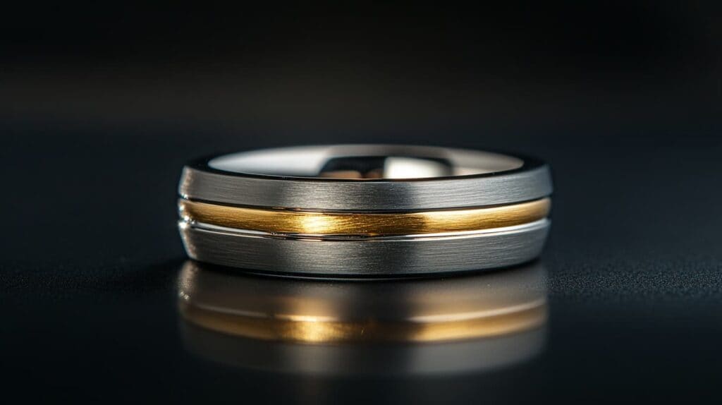 Men's two-tone wedding band featuring a brushed gray finish with a striking yellow gold inlay, combining contemporary style with bold contrast.