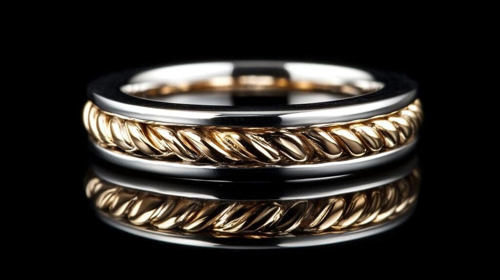Two-tone wedding band with a twisted yellow gold rope center and polished silver-toned edges, showcasing intricate craftsmanship and a classic design.