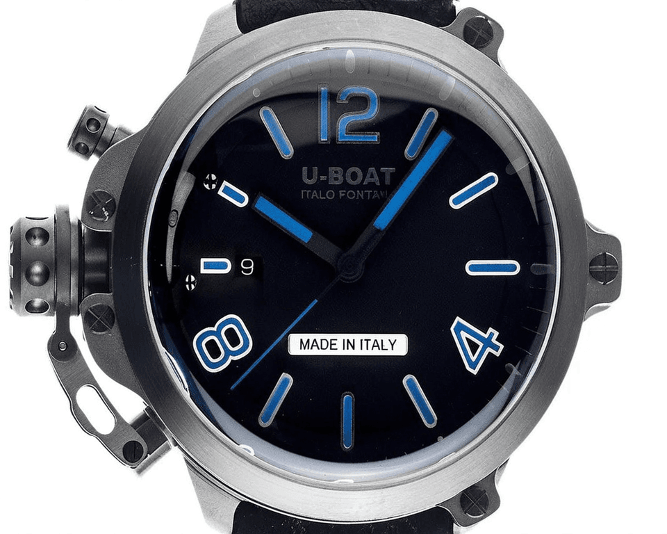 U-Boat watch with blue dial displaying Made in Italy marking and characteristic left-side crown system