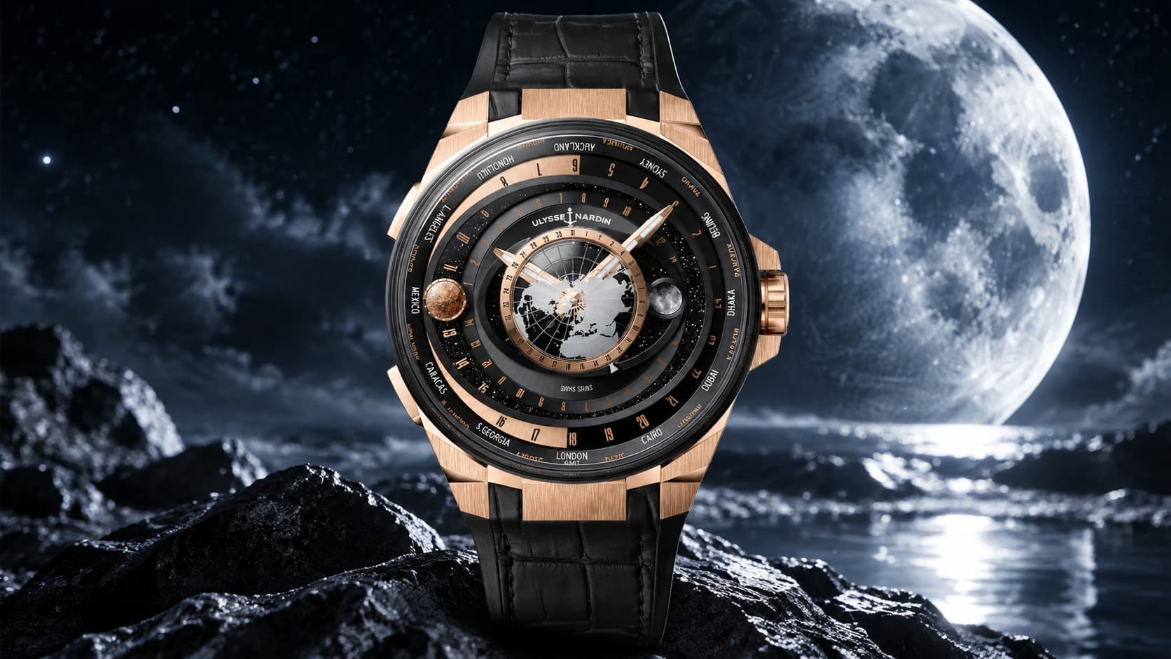 Ulysse Nardin Blast Moonstruck rose gold watch with moon phase and world time display