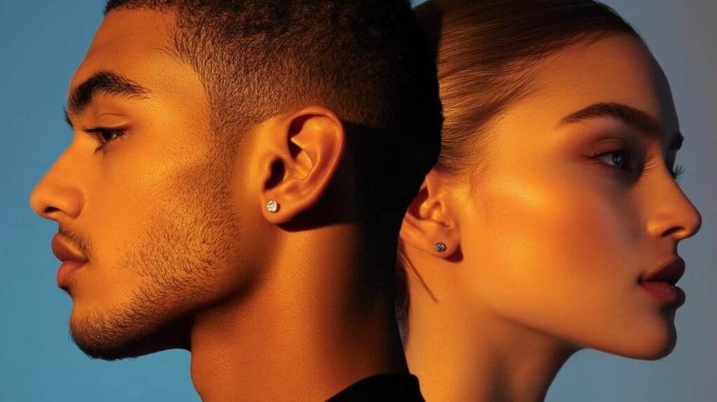 Side profile of two individuals wearing matching diamond stud earrings, exemplifying the elegance and versatility of unisex jewelry.