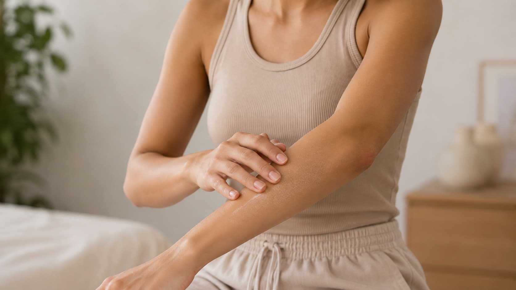 Applying unscented moisturizer to the wrist before spraying perfume, which helps dry skin hold fragrance longer