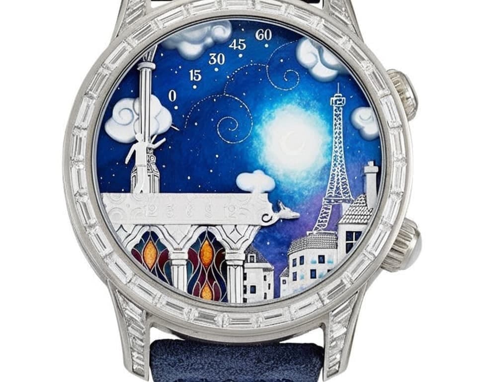 Van Cleef & Arpels poetic complication watch with enamel Paris scene and diamond case