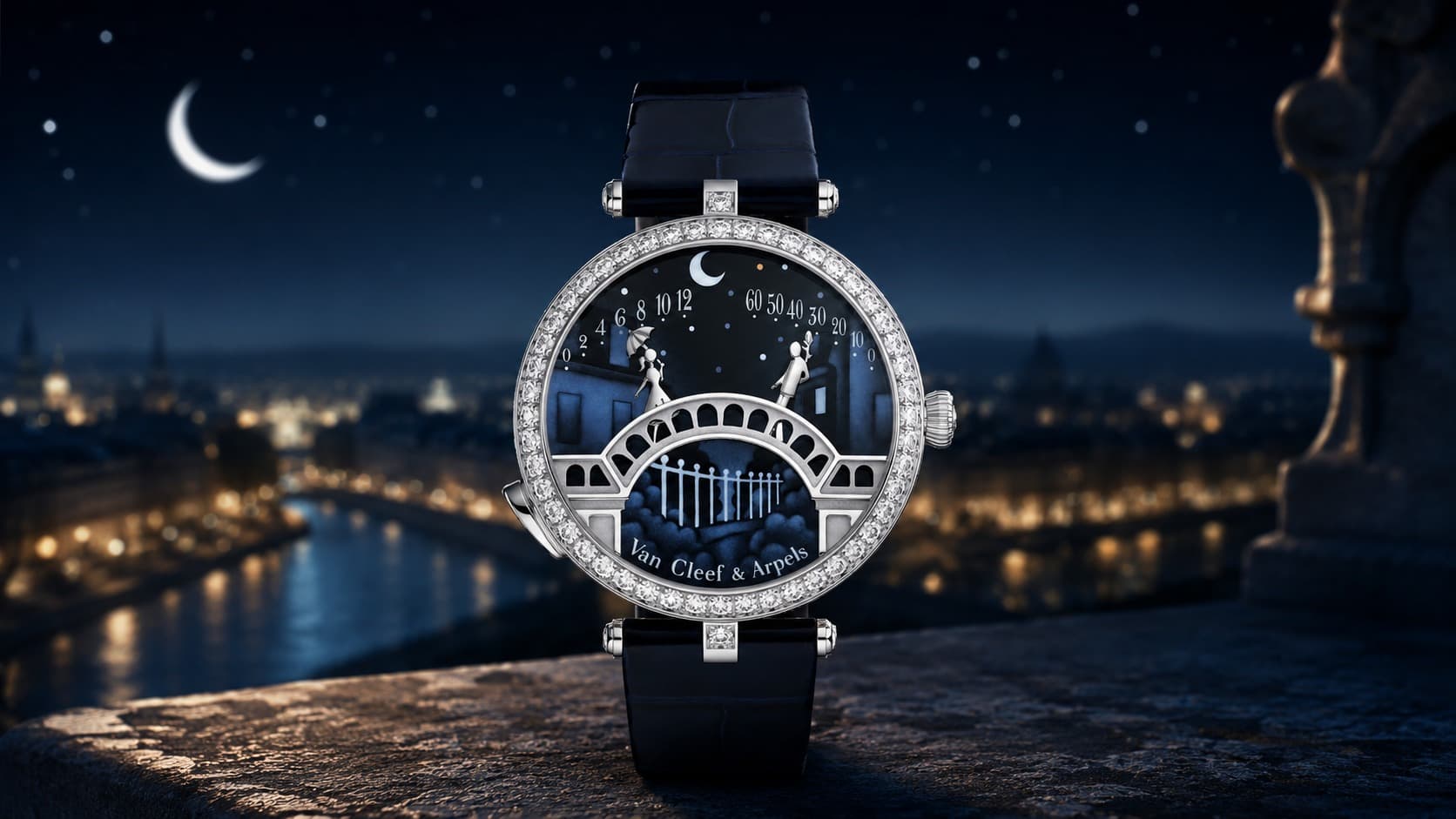 Van Cleef & Arpels Pont des Amoureux watch with lovers meeting on a bridge dial