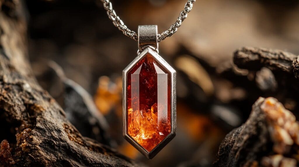 A faceted Vanadinite crystal pendant with striking red tones, set in a silver frame and suspended from a textured chain, displayed on a rustic background.