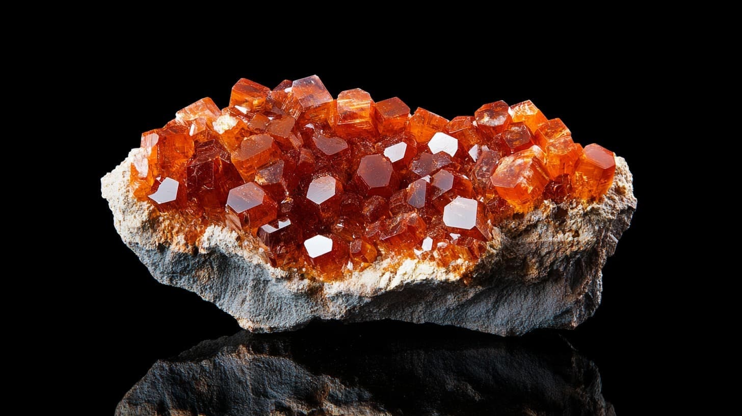 Cluster of orange hexagonal vanadinite crystals on a pale rock matrix