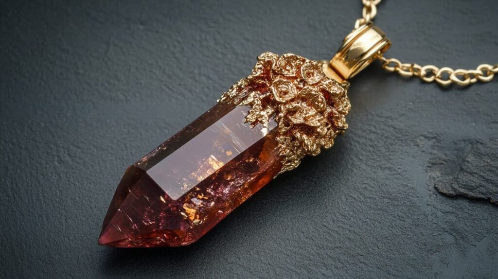 A polished Vanadinite crystal pendant encased in a textured gold setting, showcasing the mineral's rich red-orange coloration on a dark surface.
