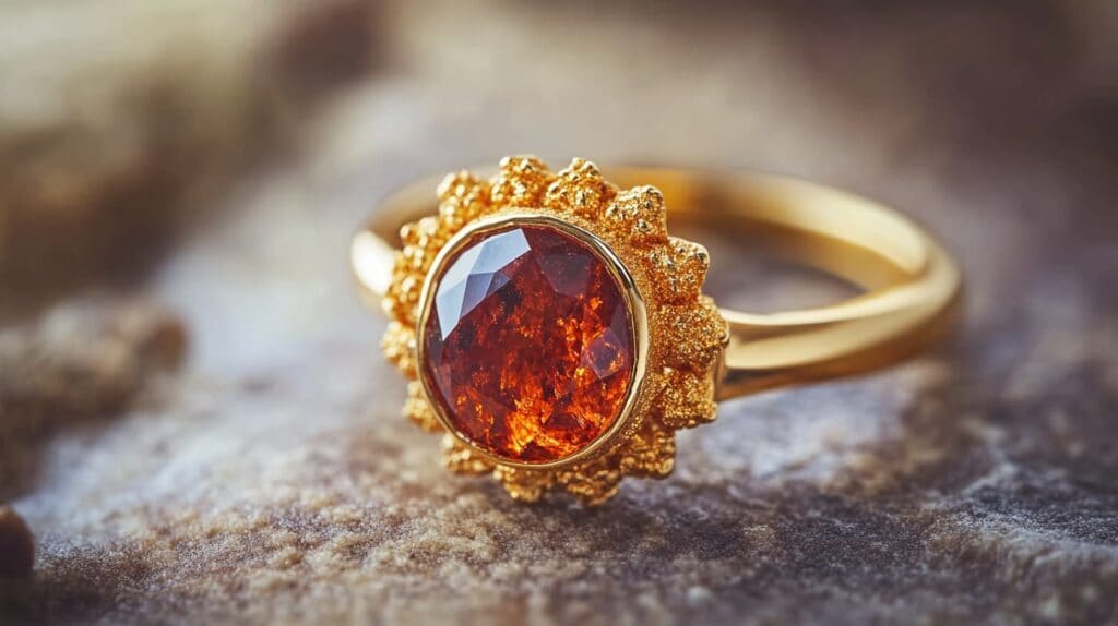 A stunning Vanadinite gemstone set in an ornate gold ring, highlighting the mineral's fiery red-orange glow, resting on a textured surface.