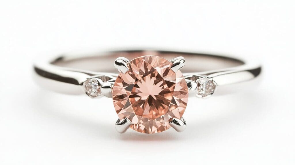 Väyrynenite engagement ring featuring a round pink Väyrynenite gemstone in a white gold setting with diamond accents.