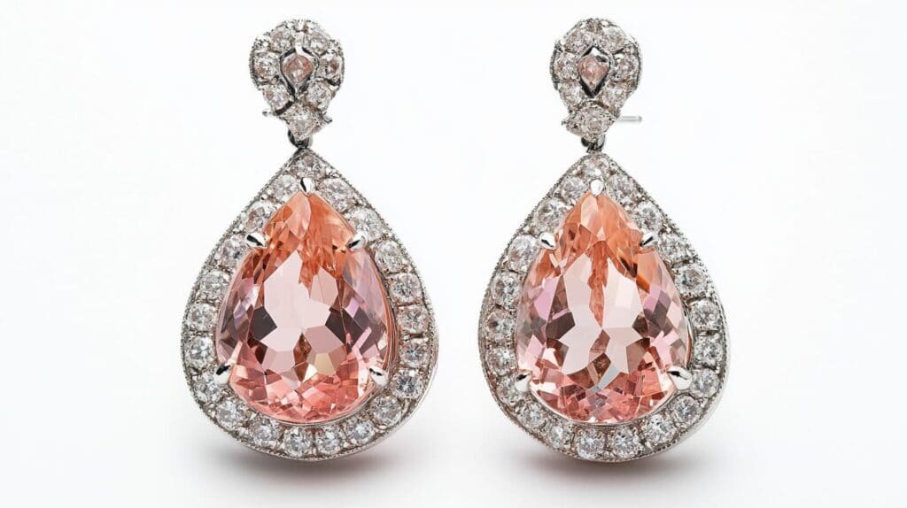 Teardrop-shaped Väyrynenite earrings surrounded by a diamond halo, showcasing the gemstone's vibrant pink hues and brilliance.
