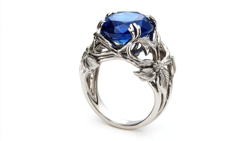 Intricately designed vegan ring featuring a sapphire-inspired lab-created gemstone and floral-inspired metalwork details.
