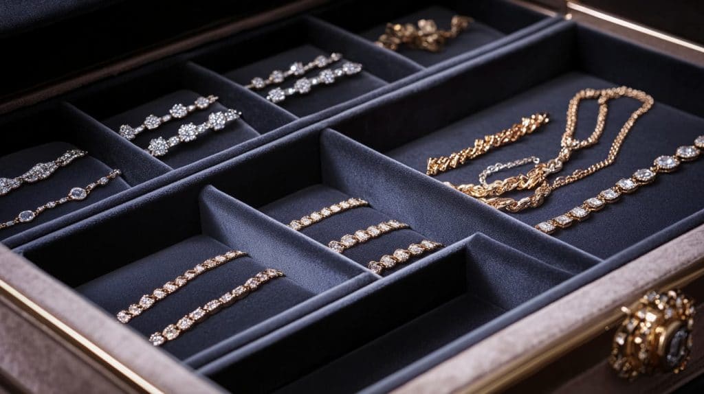 A velvet-lined jewelry box with separate compartments holding gold necklaces and diamond bracelets, ideal for tangle-free storage.