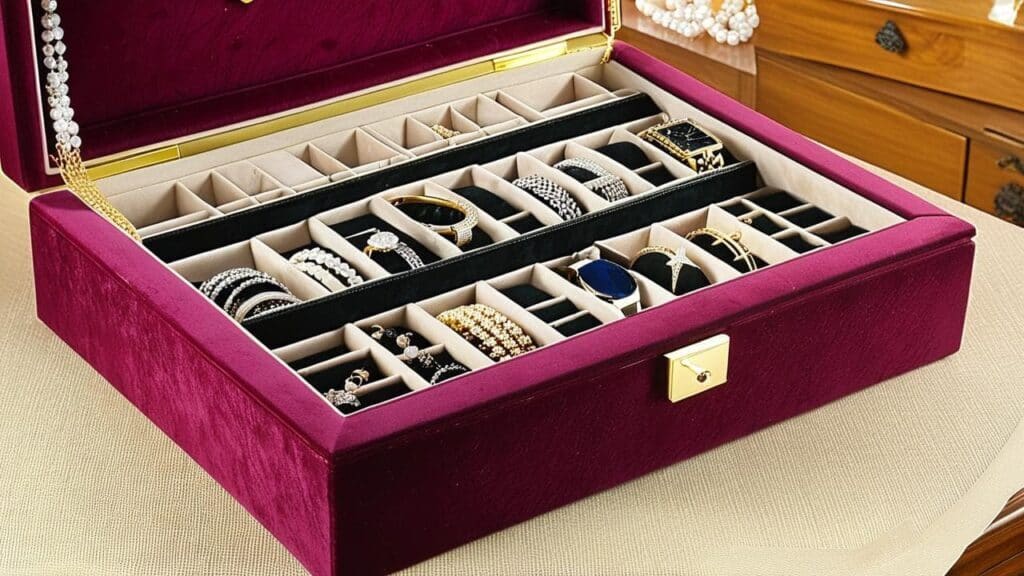 Luxurious velvet jewelry box with multiple compartments storing rings, bracelets, and watches, showcasing an organized and secure way to protect valuable jewelry.