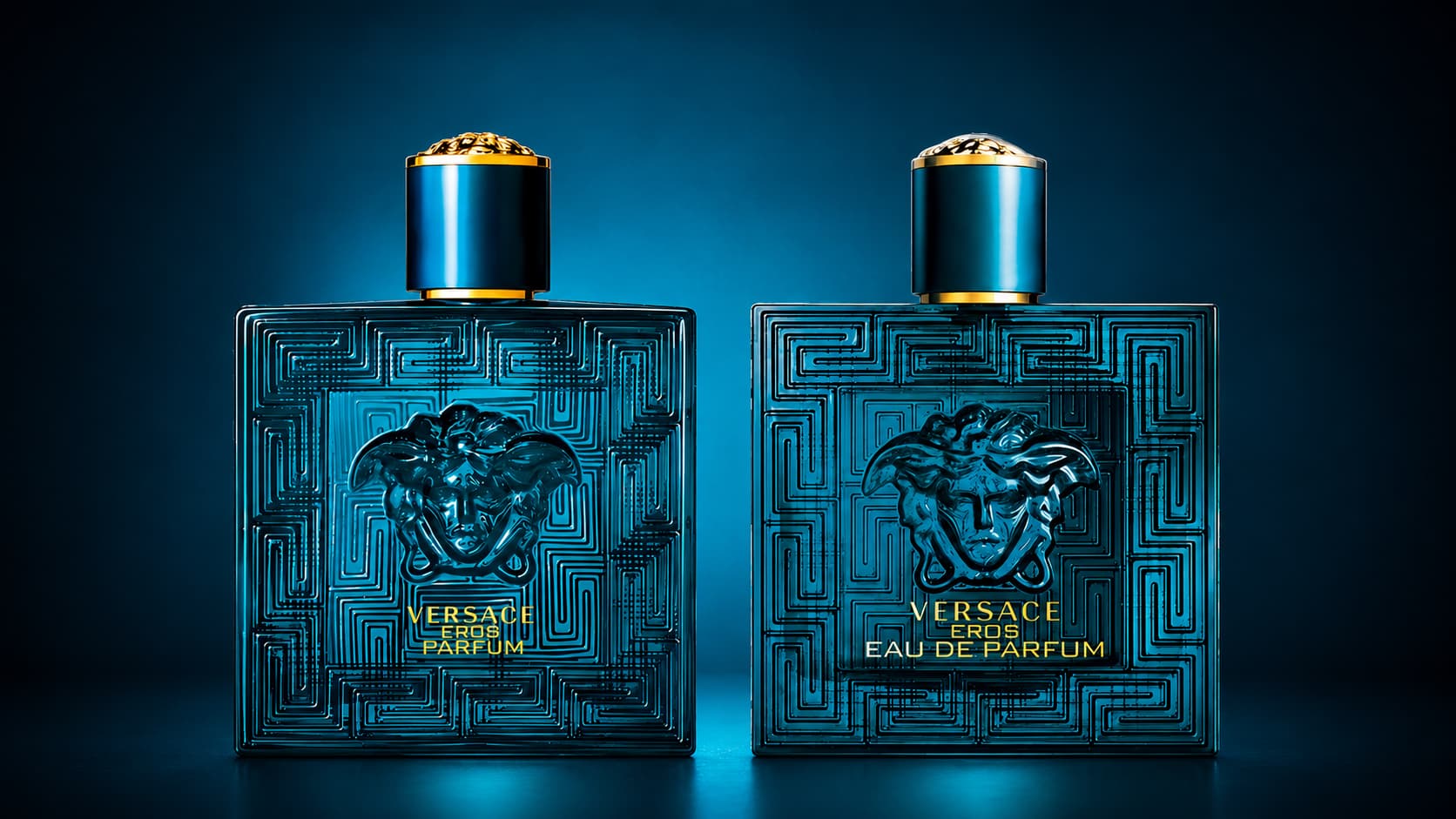 Versace Eros Parfum and Eros Eau de Parfum bottles side by side, showing the difference in fragrance concentration and wear time