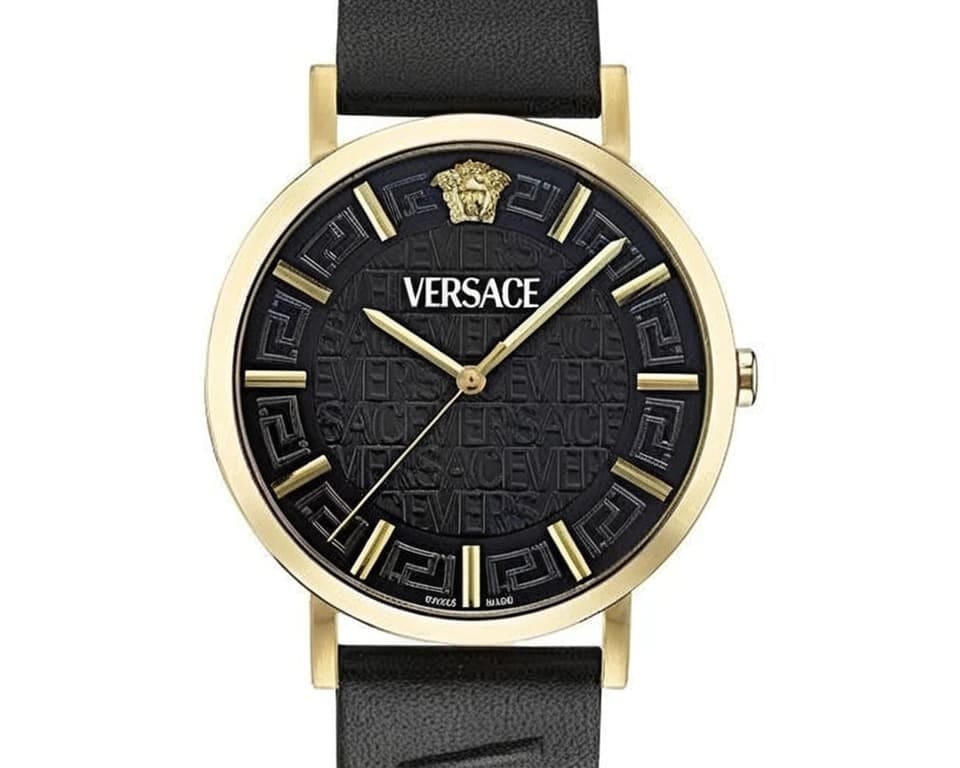 Versace watch with black Greca-pattern dial, gold Medusa at 12 and black strap