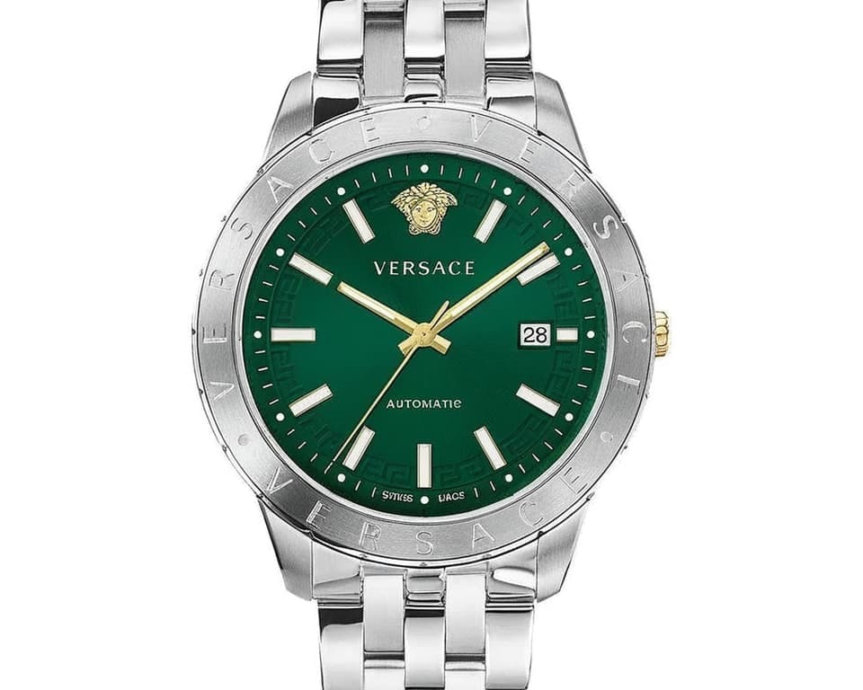 Versace Hellenyium automatic watch with green dial, gold Medusa logo, stainless steel bracelet and Greek key bezel pattern